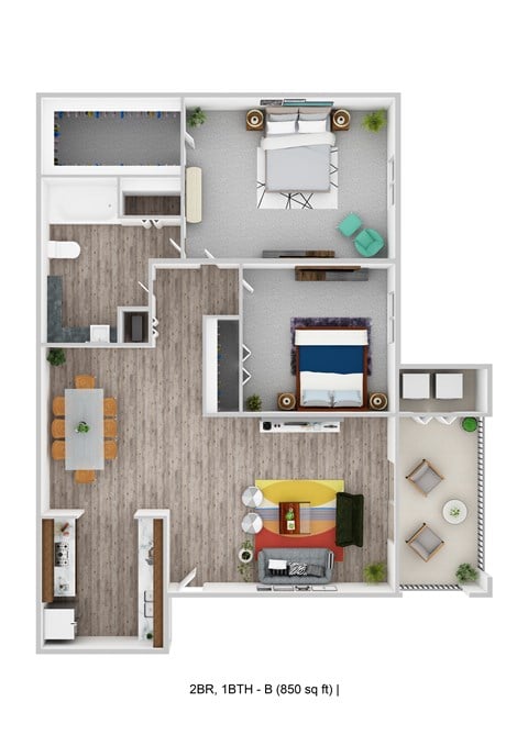 Floor plan for 2 beds, 1 bath, 850 sqft